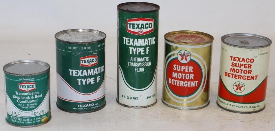 Group of 5 Texaco Super Detergent & ATF Oil Cans: Largest is 16 OZ , 4 are full, 1 is empty