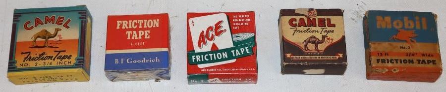 Group of 5 Ace, Camel, Mobil, and B. F. Goodrich Friction Tape with Advertising Boxes: Mobil box is empty. Largest is 2.5" x 2.5" x 1"