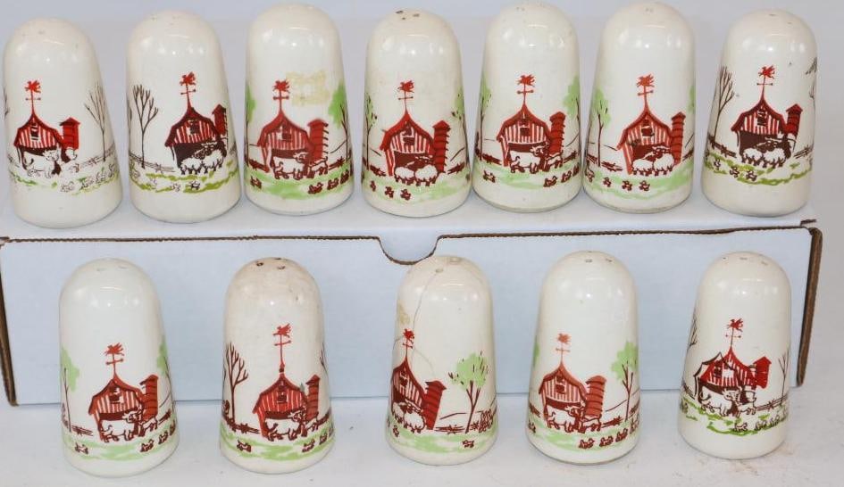 Group of 11 1950's Carter Hoffman Friendly Farm Scene Salt and Pepper Shakers from Mobil Gas Station: 1.75" x 1.75" x 3.25" each