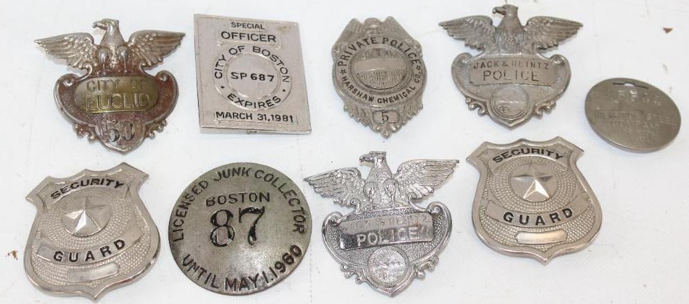 Group of 9 Police, Guard, and Other Embossed Metal Pin Back and Hat Badges (1 of 7)