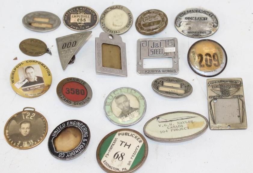Group of 19 Different Company Employee Pin Back Badges: largest 2.5" x 1.5"