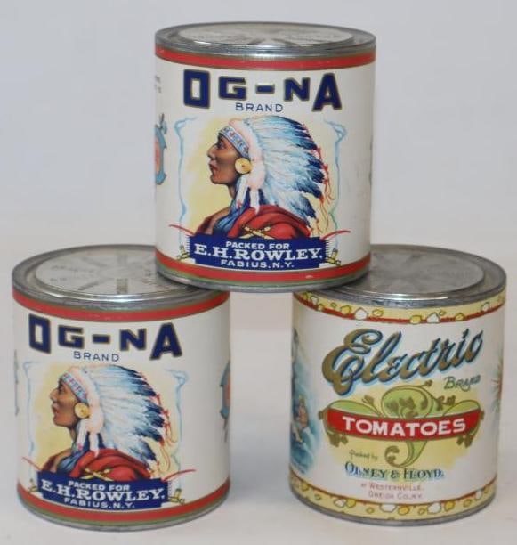 Group of 3 Electric and Og-Na Canned Tomato Containers with Advertising Paper Labels: 4" x 4" x 4.5" each