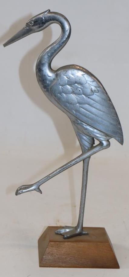 Mid-Century Stylized Stork Sculpture Mounted on Wood Base: 7" x 3" x 14"