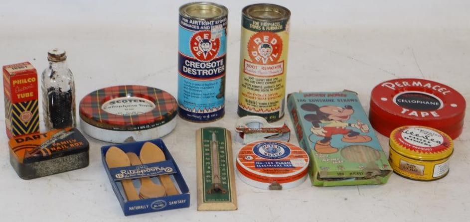 Group of 13 Household Advertising Tins, Mickey Mouse Straws, & Thermometer (1 of 4)