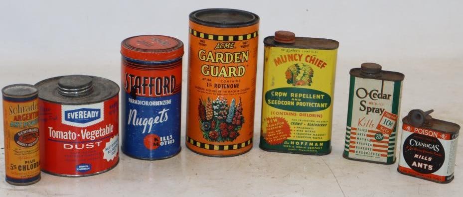 Group of 7 Garden, Crow, Ant Repellant & Powder Tins: Largest is 1 LB