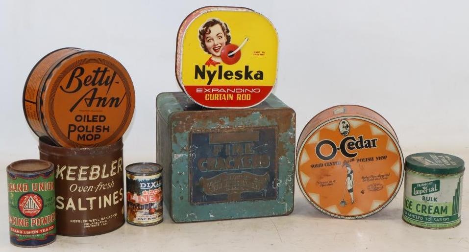 Group of 8 Household Product Advertising Tins: Largest is 8" x 9" x 7"