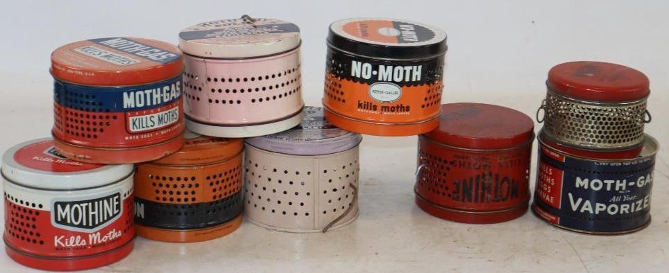 Group of 8 Moth-Ray, No-Moth, Moth-Gas, & Mothine - Moth Vaporizer Tins: Largest is 4" x 4" x 3"