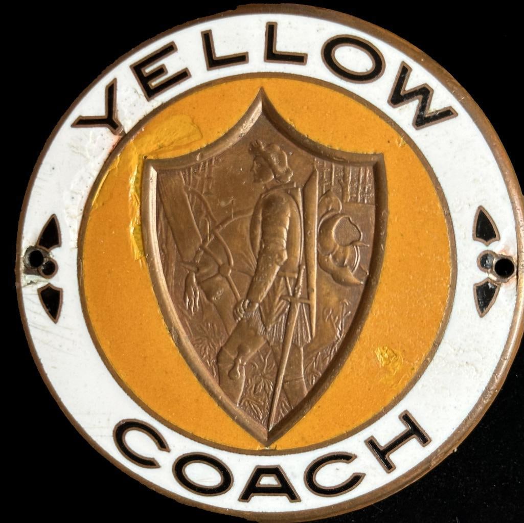1923-1926 Yellow Coach Radiator Emblem: 1923-1926 Yellow Coach radiator emblem from the Shears Collection. It is pictured on www.americanautoemblems.com and is rated very rare. It measures approximately 2.7" in diameter.