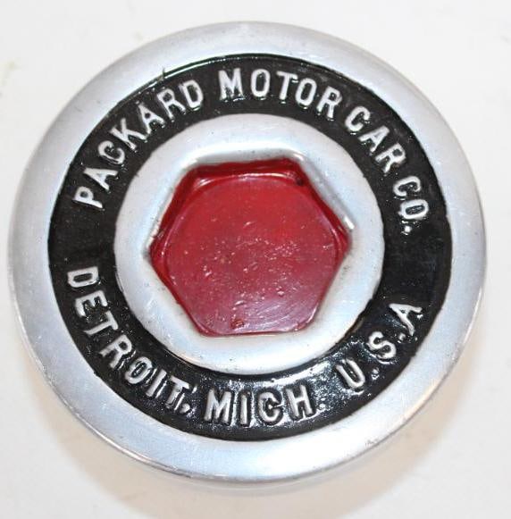 1930's Packard Motor Car Co. Threaded Aluminum Automobile Hubcap: 3.5" x 3.5"