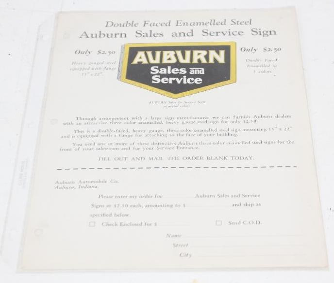 Auburn Motorcar Co Sales & Service Dealership Flange Porcelain Sign Unused Order Form: 8.5" x 11"