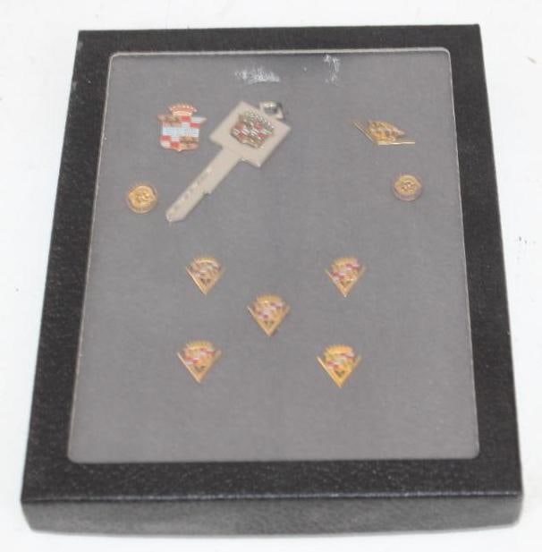 Group of 10 Cloisonne Cadillac Pinback Badges, Lapel Pins, & Uncut Ignition Key in Display Case (1 of 5)