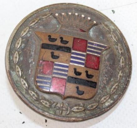 1928 Cadillac Motorcar Co Cloisonne Radiator Emblem: 2" x 2"