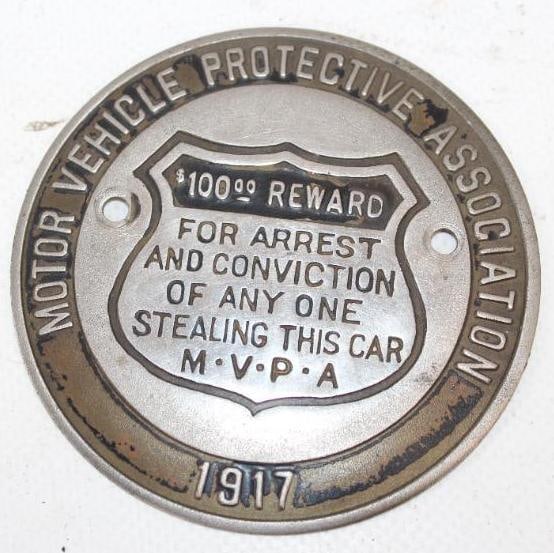 1917 Motor Vehicle Protective Association Embossed Radiator Badge: 3" x 3"