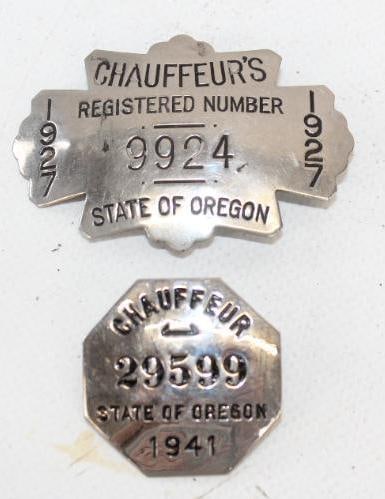 Group of 2 1927 & '41 State of Oregon Chauffeurs Pinback Badge: Largest is 2.25" x 1.5"
