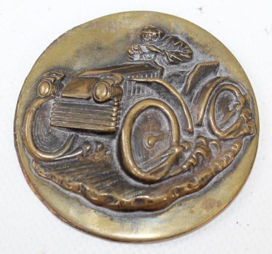 Brass Embossed Early Car Scene Button Pin (1 of 2)