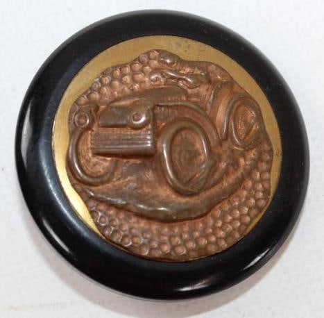 Brass Embossed Early Car Scene Button (1 of 2)
