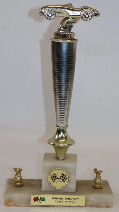 Spencer Speedway Class Winner Marble Base Trophy: Small eagles on each side have broken wings. 7.5" x 3" x 13.75"