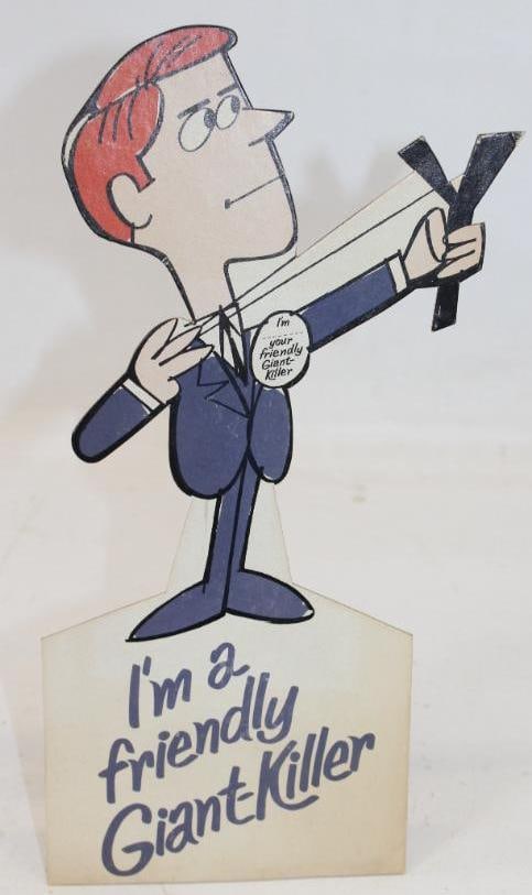 1965 AMC Rambler "I'm a friendly giant-killer" Die-Cut Cardboard Advertising Sign: 12" x 6"