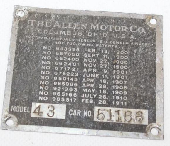 Early 1900's The Allen Motor Car Co. Columbus Ohio Patent Serial Data Tag (1 of 2)