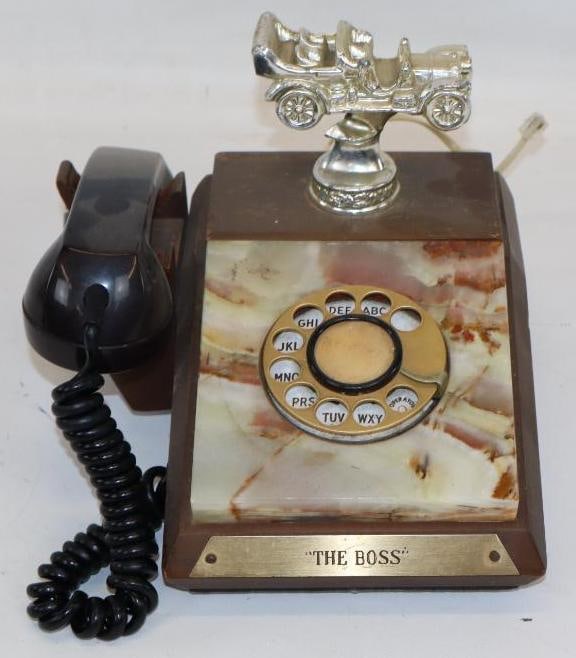 Rotary Phone with Marble and Early Automobile Decoration: Untested. 8" x 8" x 7.5"