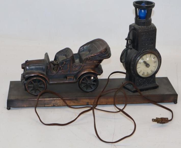 Early Automobile Brass Figural Car and Light Up Gas Pump with Clock (1 of 7)