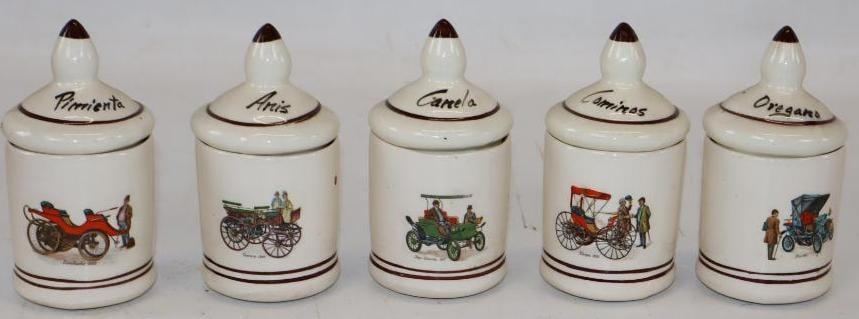 Early Automobile Advertising Ceramic Spice Jars: 2.25" x 2.25" x 4.5"