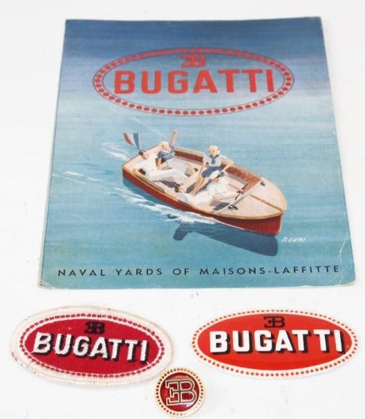 Group of 4 - Bugatti Pin, Patch, Paper Weight, & Boat Sales Brochure: Largest is 9.25" x 7"