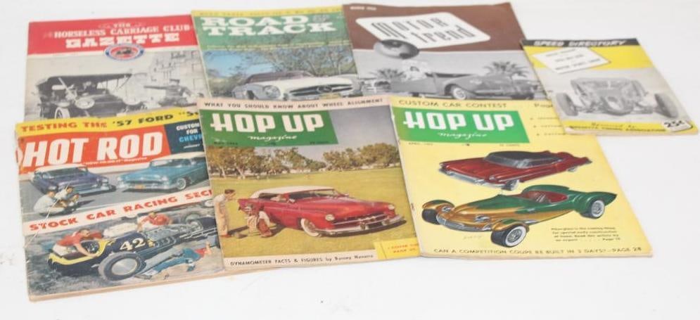 Group of 6 1950's and 1960's Hot Rod, Hop Up, Road and Track, Motortrend, and Speed Directory: Largest is 8.5" x 11"