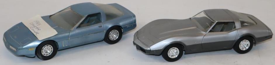 Group of 2 1985 and 1978 Corvette Dealership Promotional Model Cars: Largest is 2.5" x 7" x 2"
