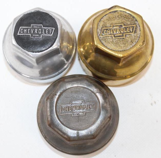 Group of 3 Different Chevrolet Motor Car Co Threaded Automobile Hubcaps: Largest is 2.5" x 2.5"