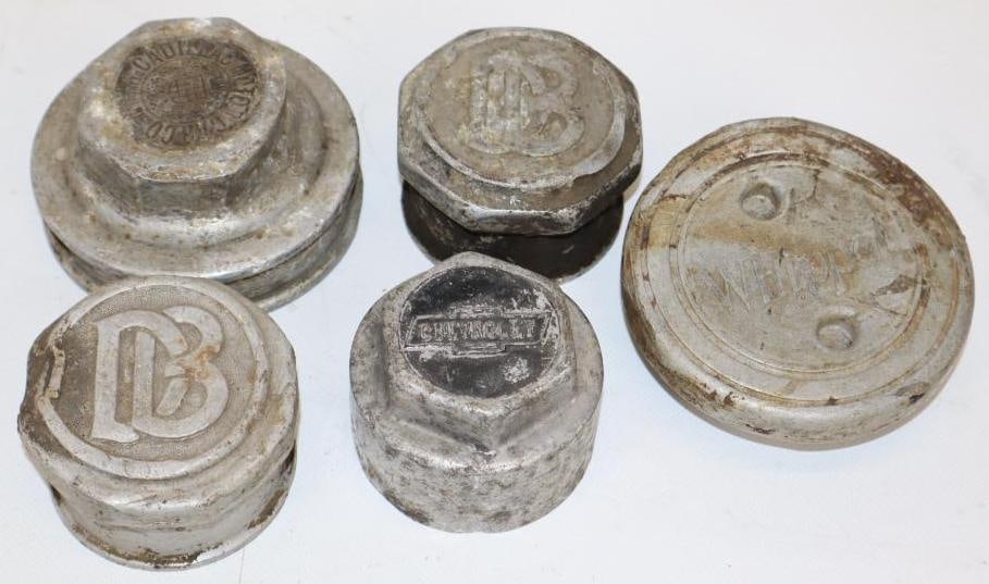 Group of 5 Dodge Brothers, Chevrolet, Cadillac, and Whippet Embossed and Aluminum Hubcaps: All have condition issues. Largest is 3.5" x 3.5"