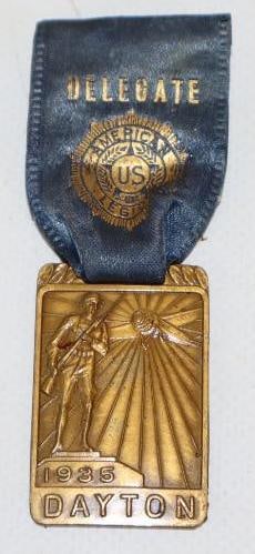 1935 American Legion Brass Delegate Pin Back Badge: 3.25" x 1"
