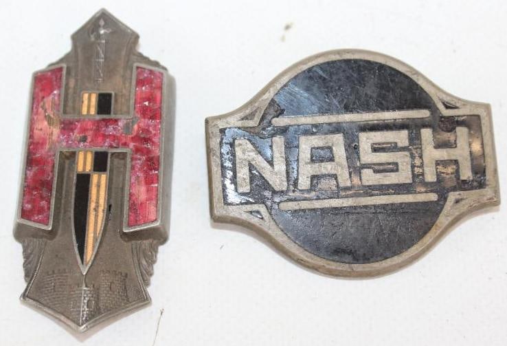 Group of 2 1920's Nash and Hupmobile Cloisonne Emblems: Largest is 2.25" x 2"