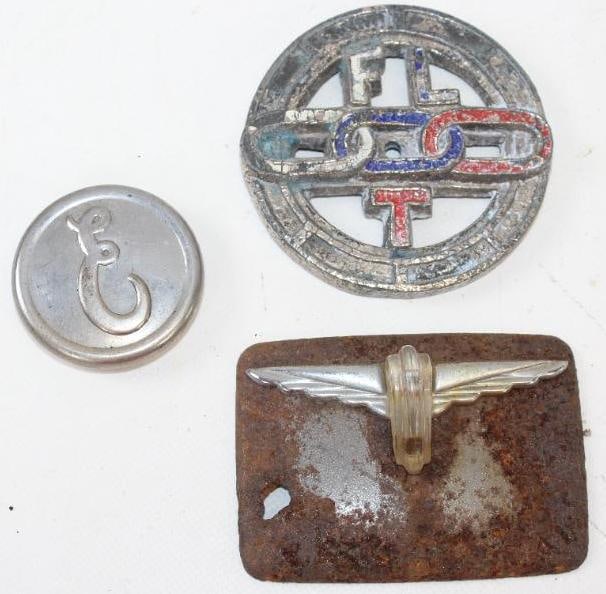 Group of 3 Winged Wheel, Erskine, and FLT Emblems and Radiator Badge: Largest is 3.25" x 3.25"