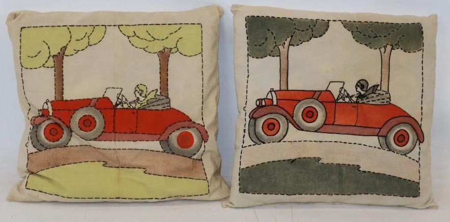 Group of 2 Early Automobile Scene Hand Stitched Pillows (1 of 2)
