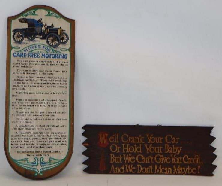 Group of 2 Early Automobile Related Wood Signs: largest 23.5" x 9"