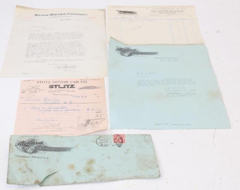 Group of 5 1910s Buick, Packard, and Stutz Letterheads, Receipts, and Envelope: Largest is 8.5" x 11"