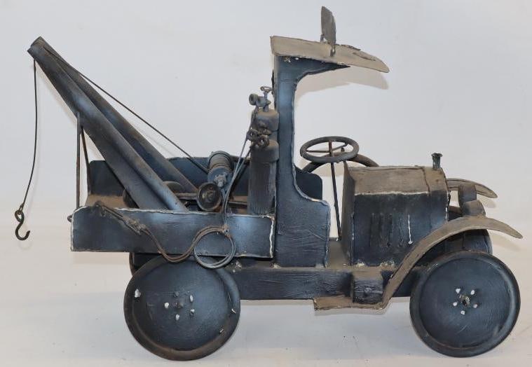 Handmade Early Automobile Tow Truck: 18.5" x 7" x 14", front left tire is broken along with other accessories