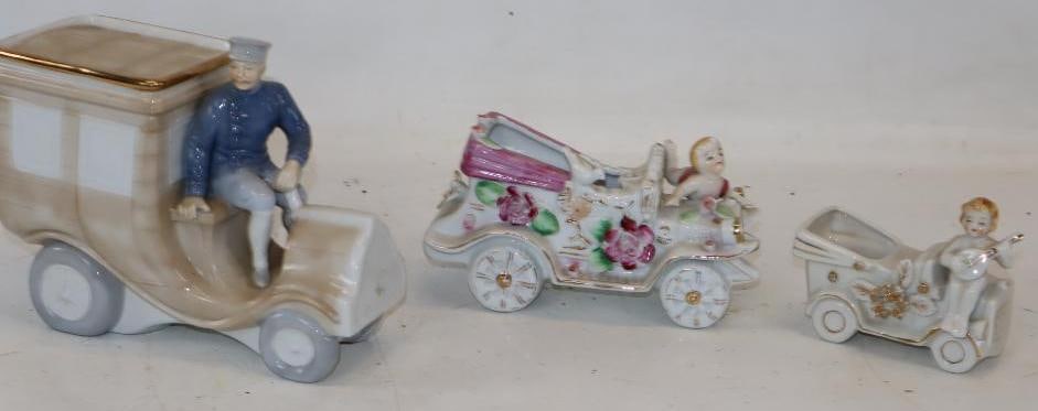 Group of 3 Early Automobile Shaped Planters and Coin Bank: largest 8" x 4" x 6"