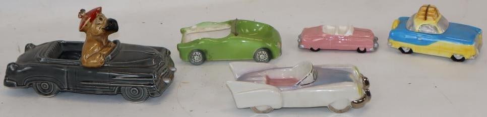 Group of 4 Automobile Shaped Ceramic Planters, Salt and Pepper Shakers, and Models: largest 9.5" x 4" x 5"
