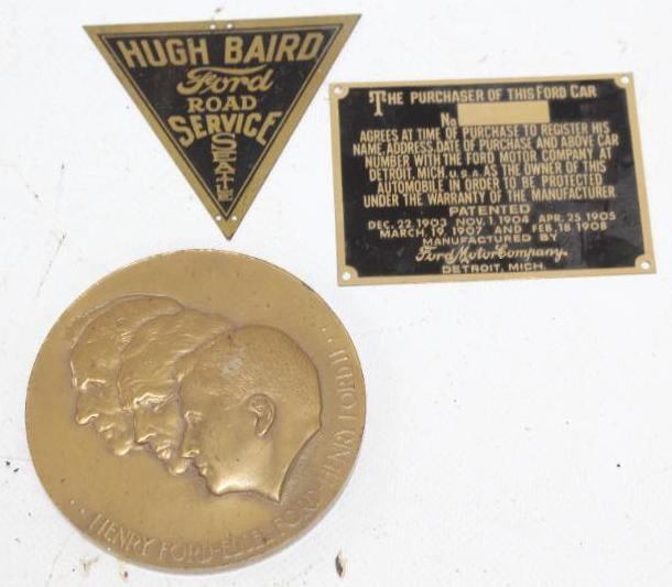Group of 3 Ford Brass ID Tags & 1953 - 50 Year Commemorative Henry Ford Paper Weight (1 of 5)