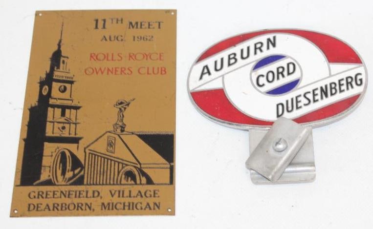 Group of 2 Auburn Cord Duesenberg License Plate Topper & 1962 Rolls Royce Brass Meet Plaque (1 of 4)