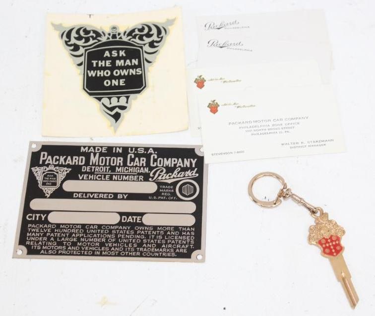 Group of 7 Packard Motorcar Keychain, Business Cards, Decal, & Restored Serial Data Plaque: Largest is 4.5" x 3.25"