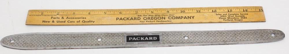 Group of 2 Packard Motorcar Co Sill Plate & 15 in. Advertising Ruler: Largest is 17.5" x 1.25"