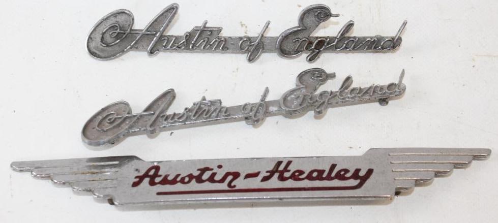 Group of 3 Austin Healey Hood and Fender Emblems: Largest is 8.5" x 1"
