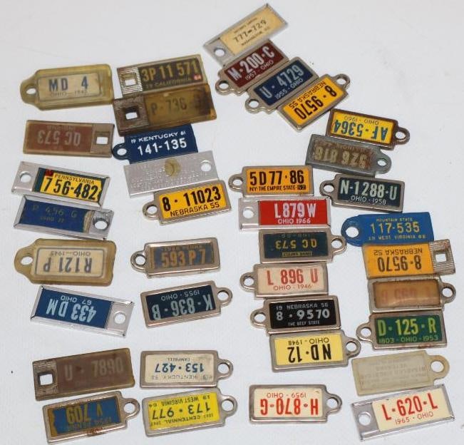Group of 37 License Plate Keychain Tags: largest 1.5" x .5"