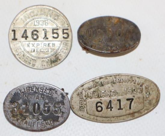 Group of 4 1940's Indiana Licensed Chauffeur Pin Back Badges (1 of 2)