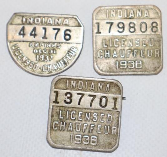 Group of 3 1930's Indiana Licensed Chauffeur Pin Back Badges: largest 1.25" x 1.25"