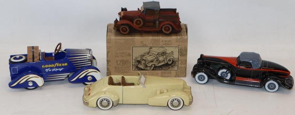Group of 4 Early Automobile Auburn Avon Bottles, Goodyear Pedal Car, and Popular Imports Truck: largest 9" x 3" x 2.5"