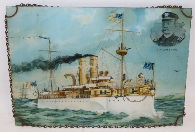 Turn of The Century USS Battleship Maine and Captain Chaz Sigsbee Glass Picture Signed by Fetherston (1 of 3)